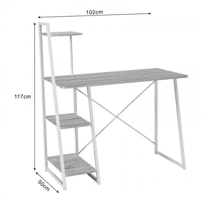 Office desk with shelves Deckstor pakoworld in oak color with white metal legs 102x50x117cm