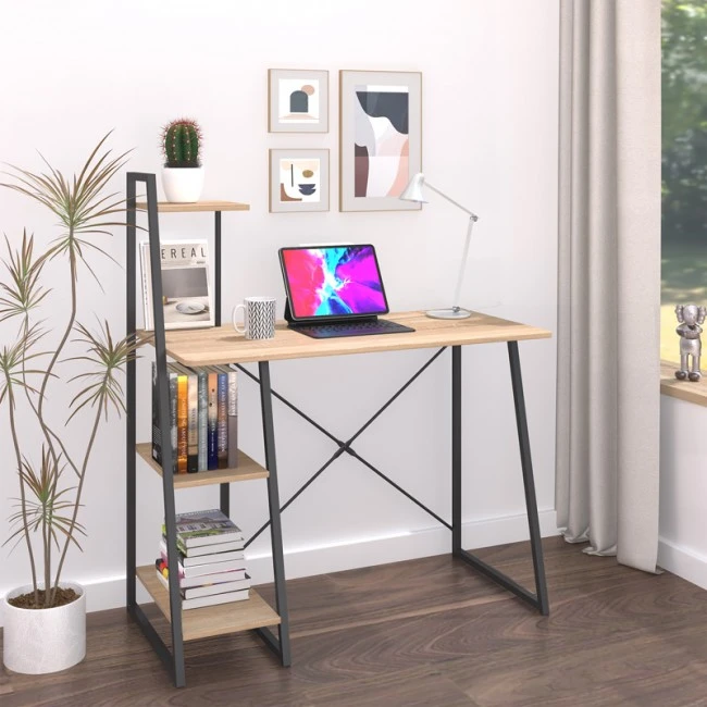 Office desk with shelves Deckstor pakoworld in oak color with black metal legs 102x50x117cm