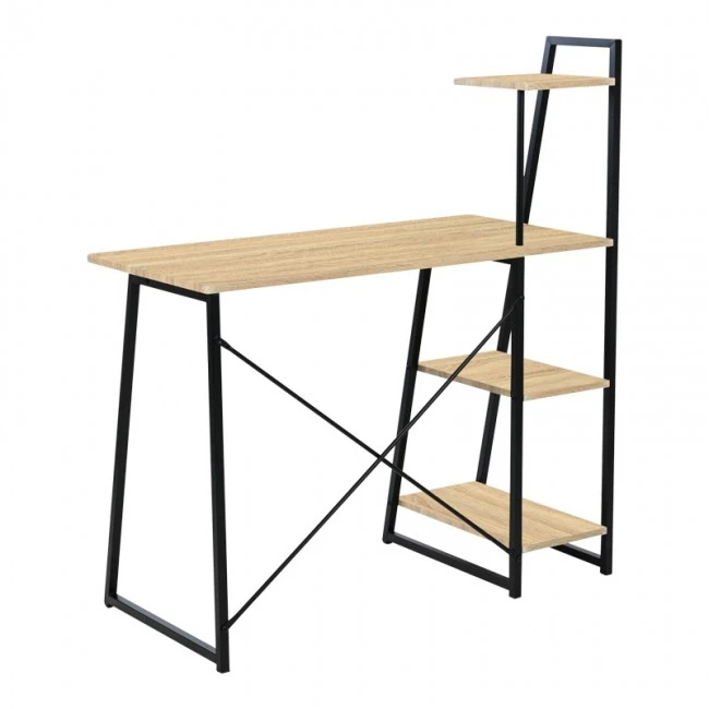 Office desk with shelves Deckstor pakoworld in oak color with black metal legs 102x50x117cm