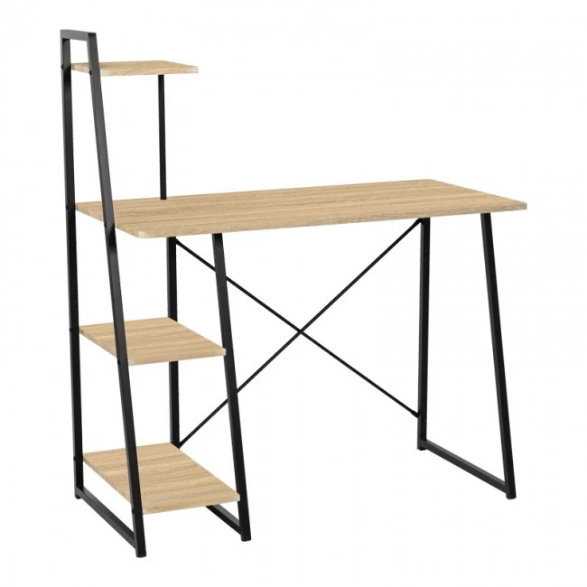 Office desk with shelves Deckstor pakoworld in oak color with black metal legs 102x50x117cm
