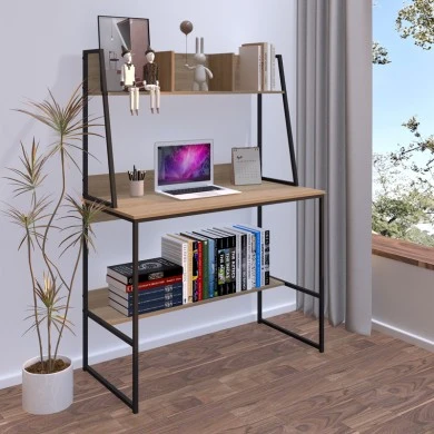 Office desk with shelf Herbey pakoworld in oak color with black metal leg 100x48x139cm