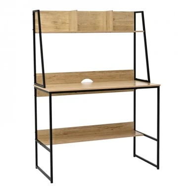 Office desk with shelf Herbey pakoworld in oak color with black metal leg 100x48x139cm