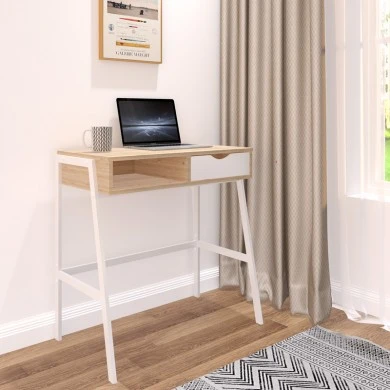 Office desk with shelf and drawer Rezio pakoworld in oak-white color with white metal leg 75x45x76cm