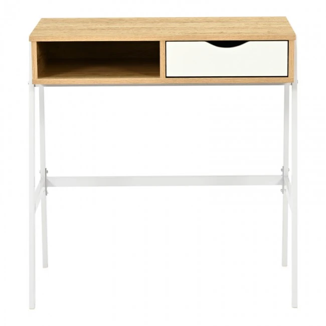 Office desk with shelf and drawer Rezio pakoworld in oak-white color with black metal leg 75x45x76cm