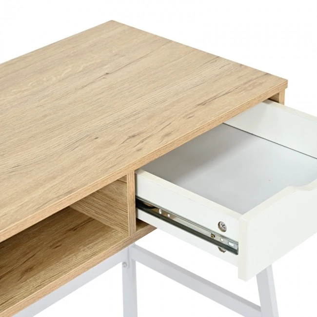 Office desk with shelf and drawer Rezio pakoworld in oak-white color with black metal leg 75x45x76cm