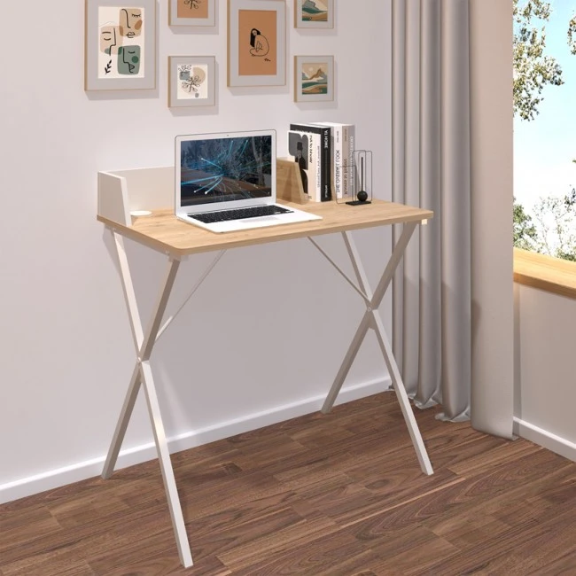 Office desk Zervan pakoworld in oak color with white metal legs 80x50x84cm