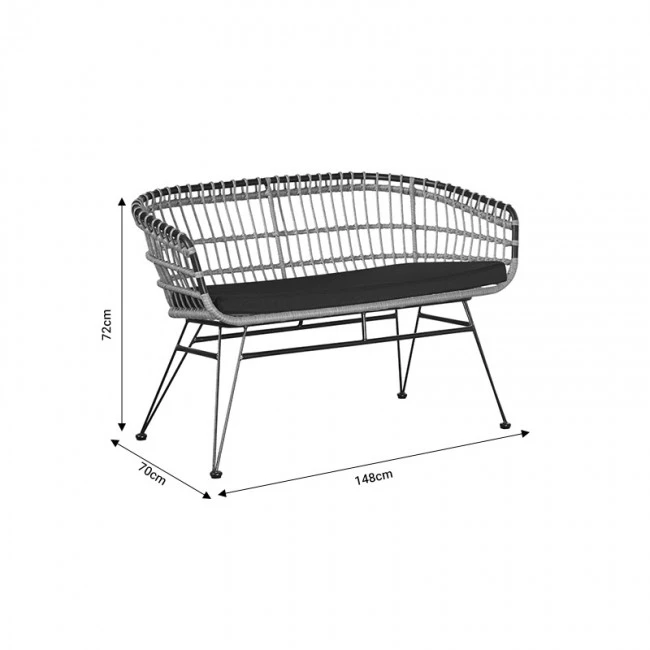 Garden sofa 2 seater Naoki pakoworld with cushion pe natural-metal black 148x70x72cm