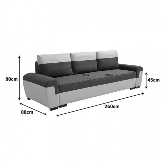 Gaby three-seater sofa bed pakoworld fabric with storage space in black-gray shade 260x88x88cm