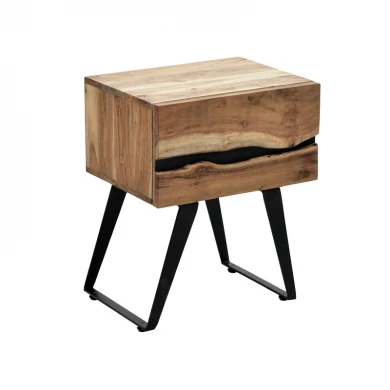 Imena bedside table pakoworld solid Acacia wood in natural shade with black metal legs 45x35x56cm