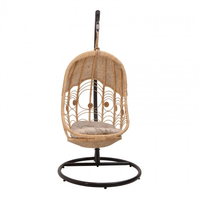 Labreone swing pakoworld rattan in natural color-black metal-beige cushion 82x82x200cm