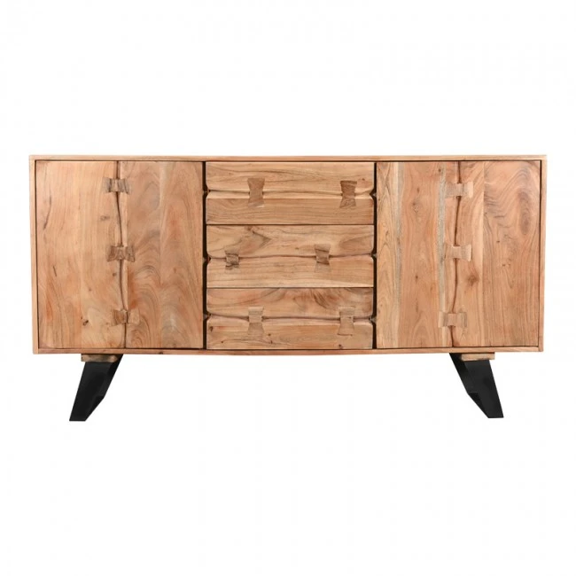 Buffet Leontina pakoworld solid acacia wood in natural color and black metal leg 150x45x86cm