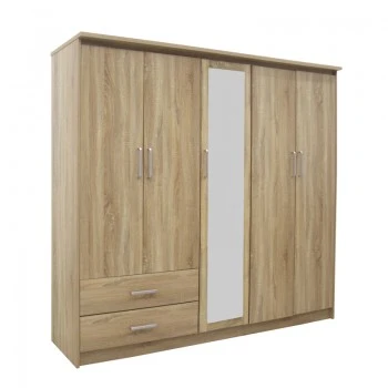 Wardrobe Olympus pakoworld with 5 doors and drawers+mirror in sonoma colour 198x57x183