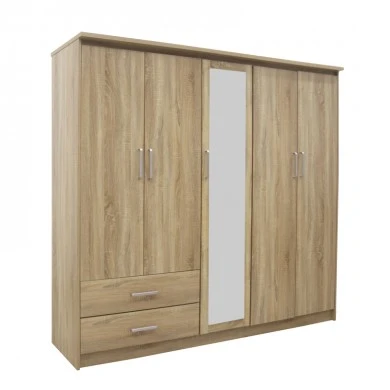 Wardrobe Olympus pakoworld with 5 doors and drawers+mirror in sonoma colour 198x57x183