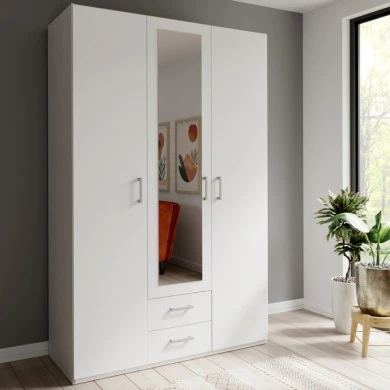 Jakrine pakoworld melamine three-leaf wardrobe melamine with mirror in white with 3 grey shelves 133.2x54.2x210.5cm