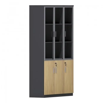 Bookcase Lotus pakoworld with glass and wood in natural - dark grey color 120x40x200cm