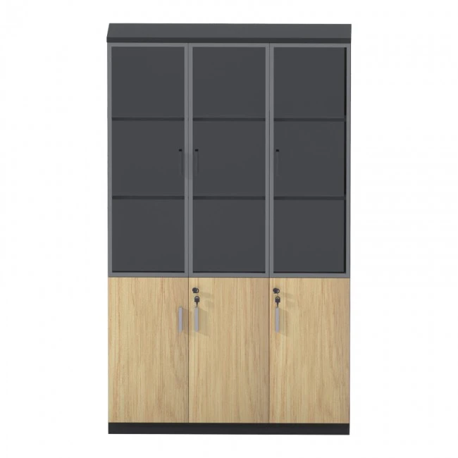 Bookcase Lotus pakoworld with glass and wood in natural - dark grey color 120x40x200cm