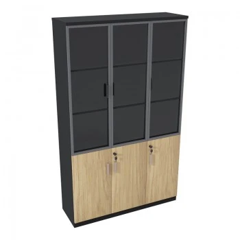 Bookcase Lotus pakoworld with glass and wood in natural - dark grey color 120x40x200cm