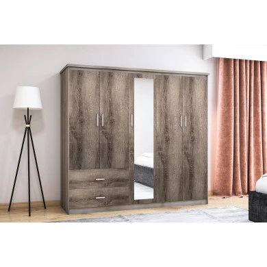 Wardrobe Olympus pakoworld with 5 doors and drawers+mirror in castillo-toro colour 198x57x183