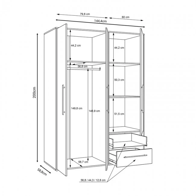 Wardrobe Razol pakoworld 3 doors white-sonoma melamine 144.5x59x200cm