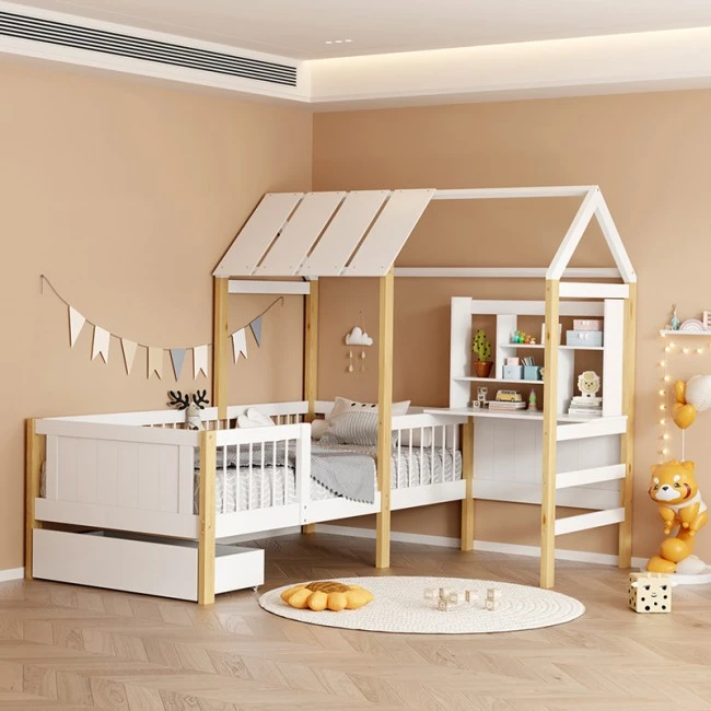 Bed for children Bedria pakoworld Montessori-style wood in white-natural color 90x190cm
