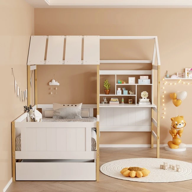 Bed for children Bedria pakoworld Montessori-style wood in white-natural color 90x190cm