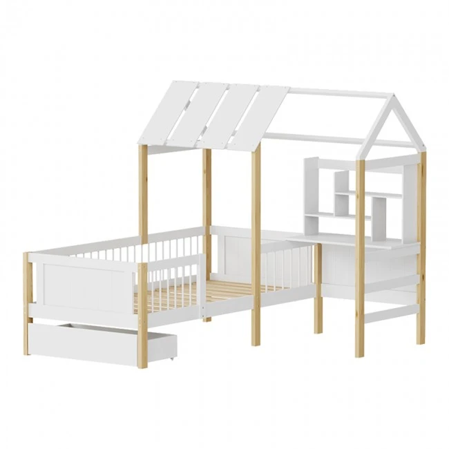 Bed for children Bedria pakoworld Montessori-style wood in white-natural color 90x190cm