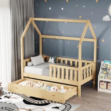 Montessori-style Bendina children&#039;s bed with drawer pakoworld pine wood in natural shade 70x140cm