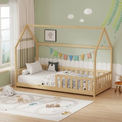 Montessori-style Callan children&#039;s bed with rails pakoworld pine wood in natural color 90x190cm