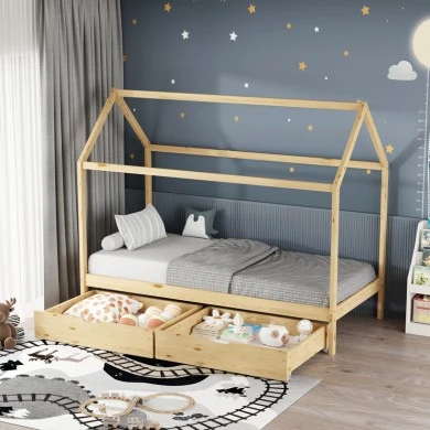 Children&#039;s bed Mellin Montessori type with 2 drawers pakoworld pine wood in a natural shade 90x190cm