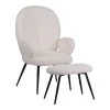 Armchair with footstool Qarar pakoworld boucle fabric in white shade with black metal legs 67.5x67.5x106cm