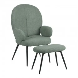 Armchair with footstool Qarar pakoworld boucle fabric in light green shade with black metal legs 67.5x67.5x106cm Armchair with footstool Qarar pakoworld boucle fabric in light green shade with black metal legs 67.5x67.5x106cm