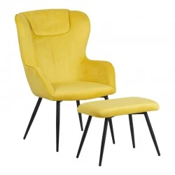 Armchair with footstool Rueda pakoworld velvet in yellow shade with black metal legs 71.5x66.5x99cm