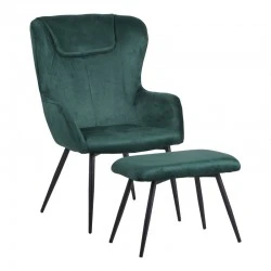 Armchair with footstool Rueda pakoworld velvet in dark green shade with black metal legs 71.5x66.5x99cm