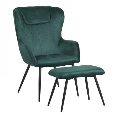 Armchair with footstool Rueda pakoworld velvet in dark green shade with black metal legs 71.5x66.5x99cm