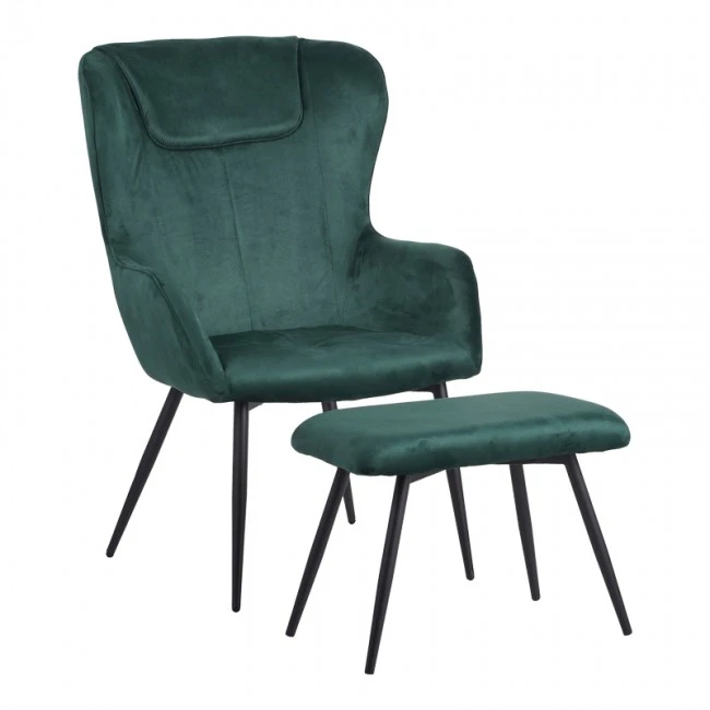 Armchair with footstool Rueda pakoworld velvet in dark green shade with black metal legs 71.5x66.5x99cm