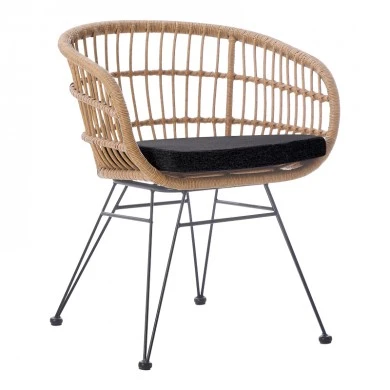 Naoki pakoworld armchair with cushion pe rattan in natural shade and black metal legs 63x61x79cm