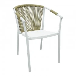 Aluminum armchair Convince pakoworld stackable with white frame-textilene-pe rattan in natural shade 56x63x82cm
