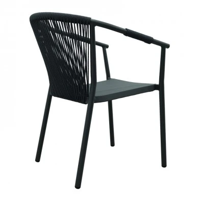 Aluminum armchair Convince pakoworld stackable with grey frame-black textilene-dark grey pe rattan 56x63x82cm