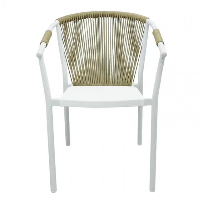 Aluminum armchair Convince pakoworld stackable with white frame-textilene-pe rattan in natural shade 56x63x82cm