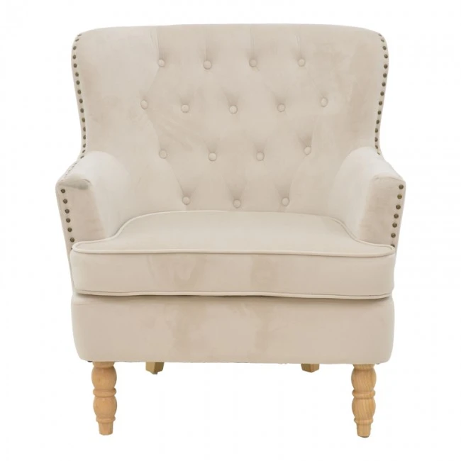 Armchair Keisi pakoworld cream velvet-natural wooden leg 81.5x84x92.5cm