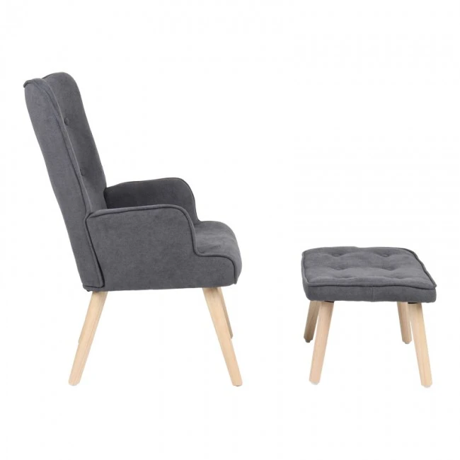 Armchair with footstool Melisia pakoworld fabric dark grey-natural color wooden leg 59x67x94cm