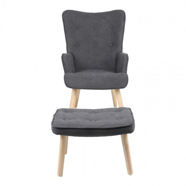 Armchair with footstool Melisia pakoworld fabric dark grey-natural color wooden leg 59x67x94cm