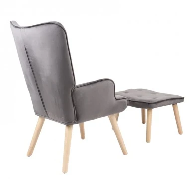 Armchair with footstool Melisia pakoworld velvet grey-natural color wooden leg 59x67x94cm