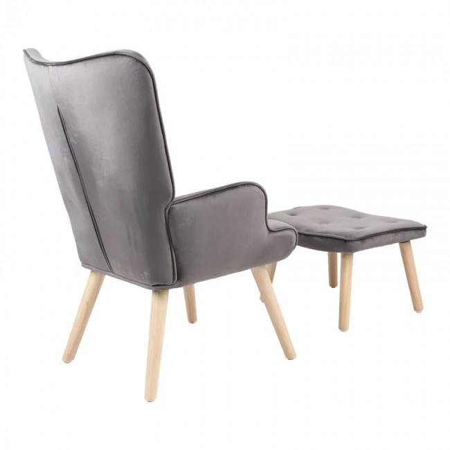 Armchair with footstool Melisia pakoworld velvet grey-natural color wooden leg 59x67x94cm