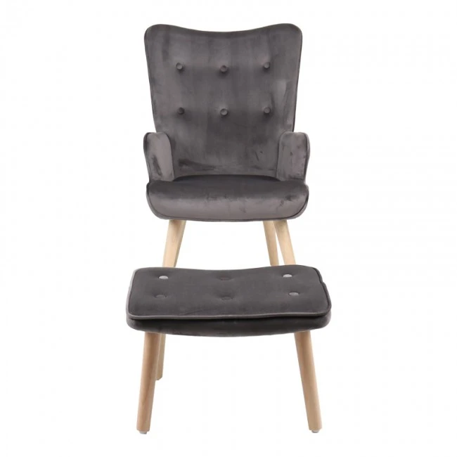 Armchair with footstool Melisia pakoworld velvet grey-natural color wooden leg 59x67x94cm