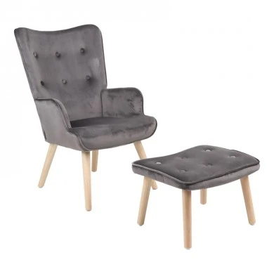 Armchair with footstool Melisia pakoworld velvet grey-natural color wooden leg 59x67x94cm