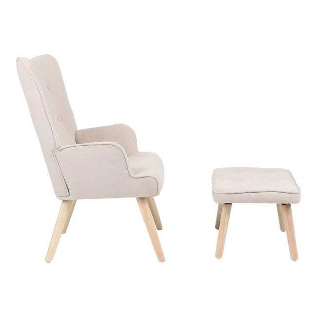 Armchair with footstool Melisia pakoworld fabric beige-natural color wooden leg 59x67x94cm