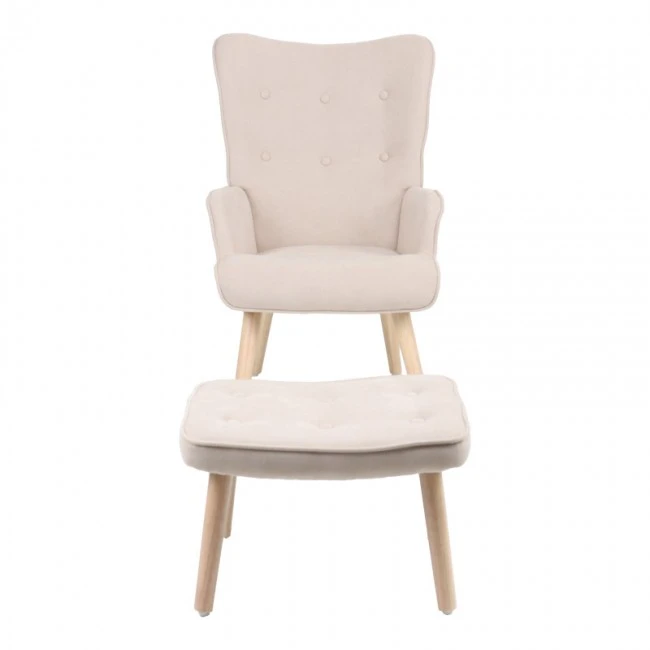 Armchair with footstool Melisia pakoworld fabric beige-natural color wooden leg 59x67x94cm
