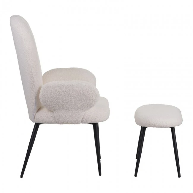 Armchair with footstool Qarar pakoworld boucle fabric in white shade with black metal legs 67.5x67.5x106cm