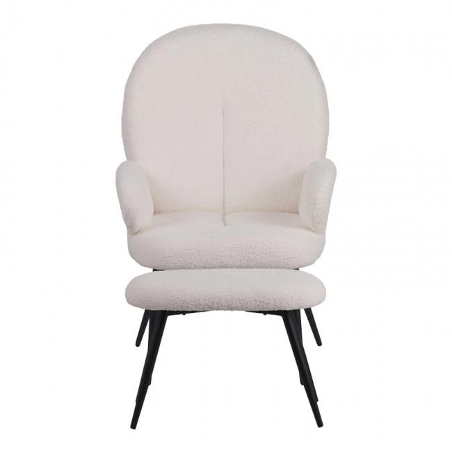 Armchair with footstool Qarar pakoworld boucle fabric in white shade with black metal legs 67.5x67.5x106cm